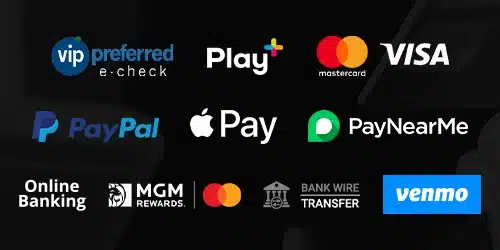 BetMGM banking methods banner with logos of vip preferred, Play+, mastercard, VISA, PayPal, Apple Pay, PayNearMe, Online Banking, MGM Rewards, Bank Wire, and Venmo