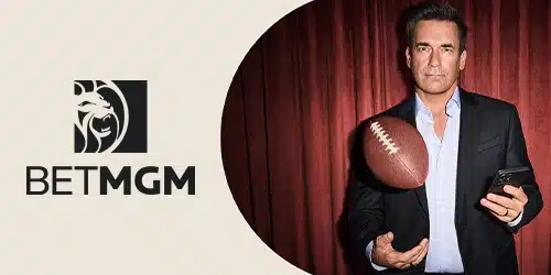 BetMGM sportsbook logo on a beige background showing a casual dressed man flipping a football in one hand and holding a mobile in the other.