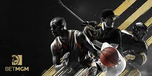 BetMGM markets banner with a basketball player, a baseball pitcher, and a hockey player on a black background with golden stripes