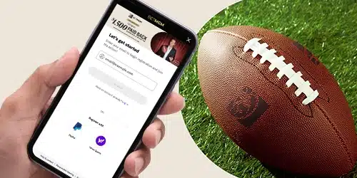 BetMGM registration banner with a phone screen showing a page from the BetMGM mobile app