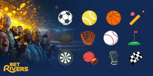 BetRivers markets banner with emojis of a soccer ball, tennis ball, basketball, cricket bat and ball, hockey puck, a baseball glove, baseball, golf course, dart ring, boxing glove, MMA glove, and a checkered flag