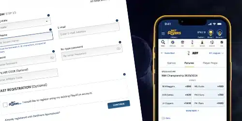 BetRivers registration banner with an image of the sign up page, a football player in defensive stance and a phone screen showing the BetRivers app