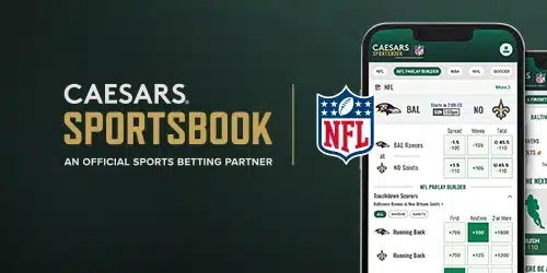 Caesars sportsbook main banner with the logo of Caesars next to the official NFL logo