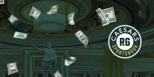 Caesars sportsbook logo on a green background showing money flying in front of a caesars statue.