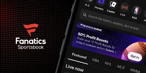 Fanatics sportsbook bonus banner with a mobile phone showing a page of the Fanatics app