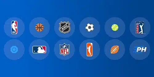 Icons representing various sports and leagues on Fanduel, including NBA, basketball, NHL, soccer, tennis, PGA Tour, baseball, NFL, basketball player dunking, football, and PH.