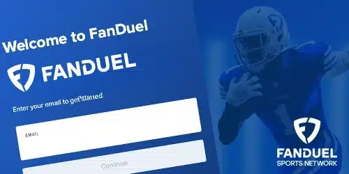 FanDuel sportsbook sign up desktop banner with a screen of a mobile phone on sign up page, an NFL player, all on a blue background