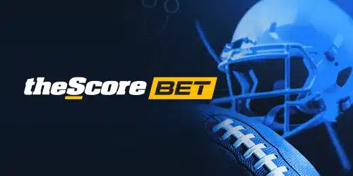 theScorebet sportsbook logo on a dark blue background showing a football and helmet in light blue